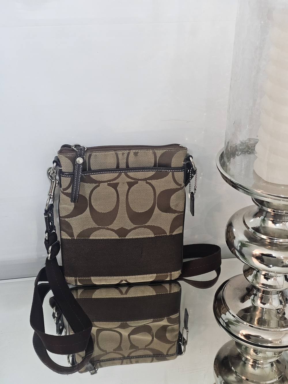Coach Brown Signature Canvas Messenger Bag with Dark Brown Trim